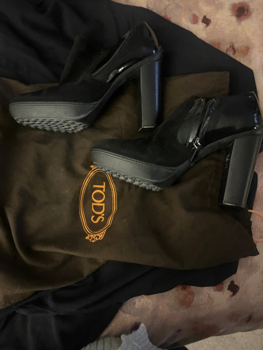 TOD'S Black Suede and Patent Leather Platform Block Heel Ankle Boots